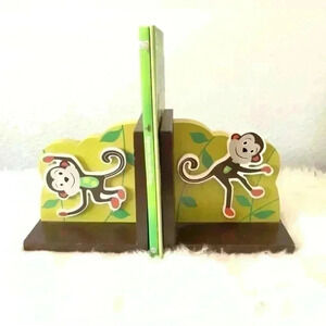 Set of 2 bookends children decor children book ends monkeys green and brown